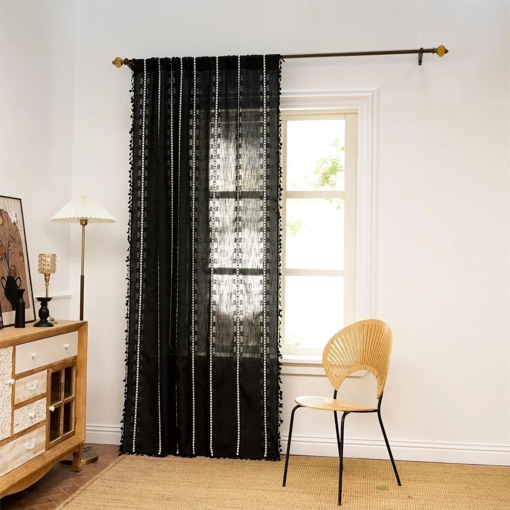 NWT Black Semi Sheer Curtain 52x84 Boho Earthy Indie Ethnic Tassels Embroidery